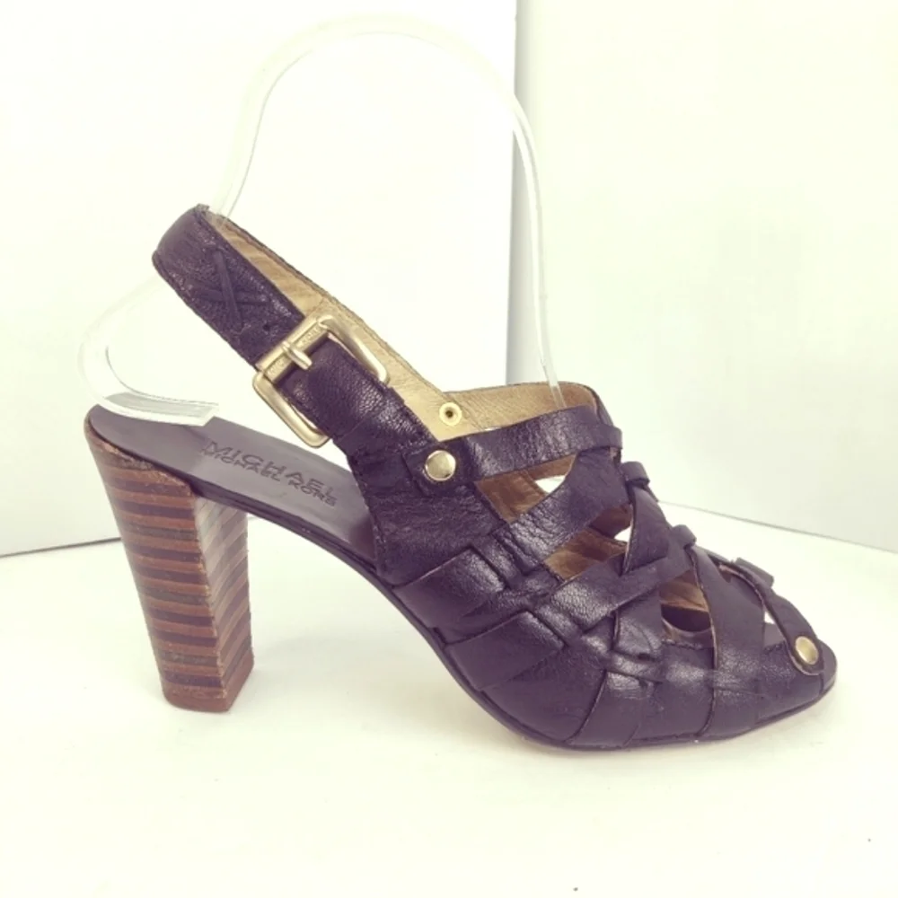 Michael Kors Strappy Slingback Peep Toe Heels Black Leather Sz 6.5